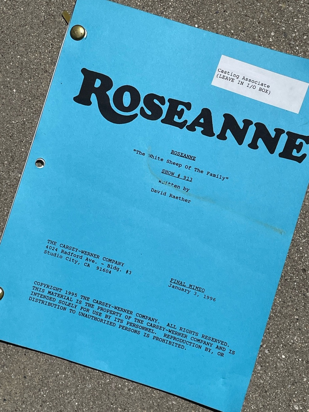 Roseanne Vtg 1996 Production Used Final Mimeo Draft Script White Sheep of Family